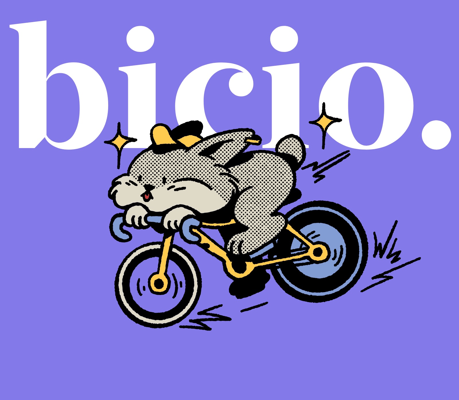 Chimi, un conejo en bicicleta dibujado por Chim Chim Club, sobre fondo lila con el logo de bicio.
