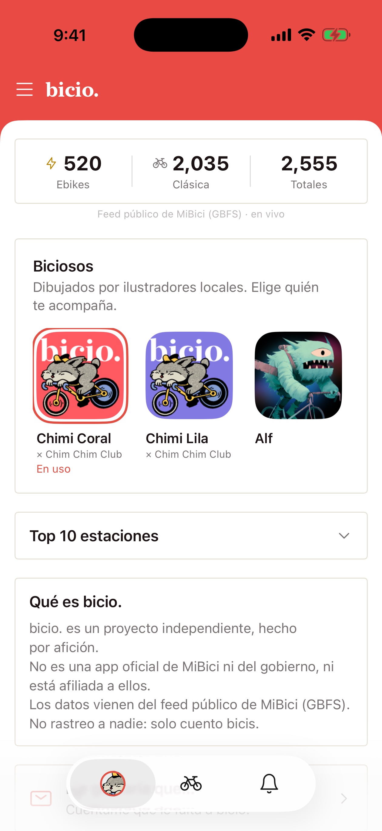 La pestaña Datos de bicio.: bicis en todo el sistema y los biciosos para elegir