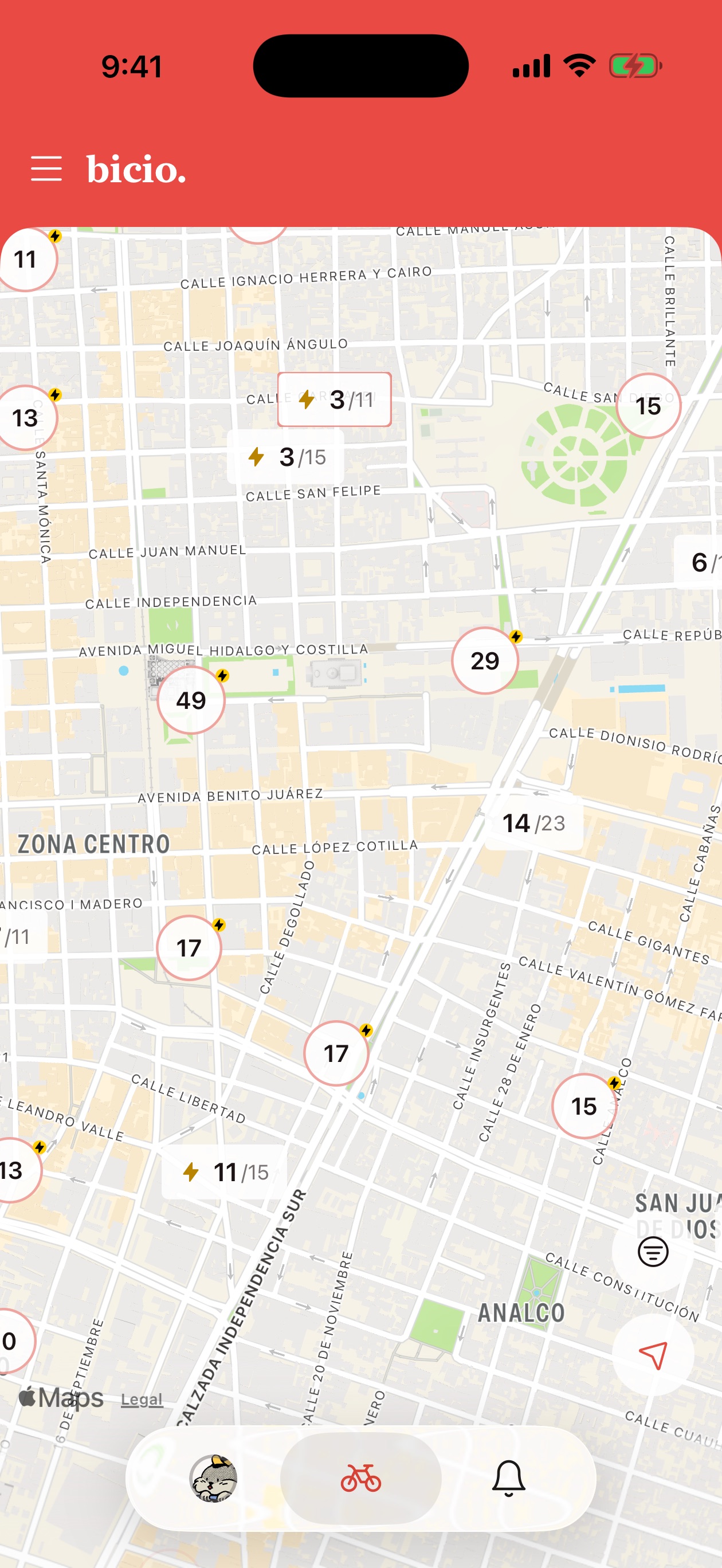 El mapa de bicio. con las estaciones de MiBici y sus bicis disponibles