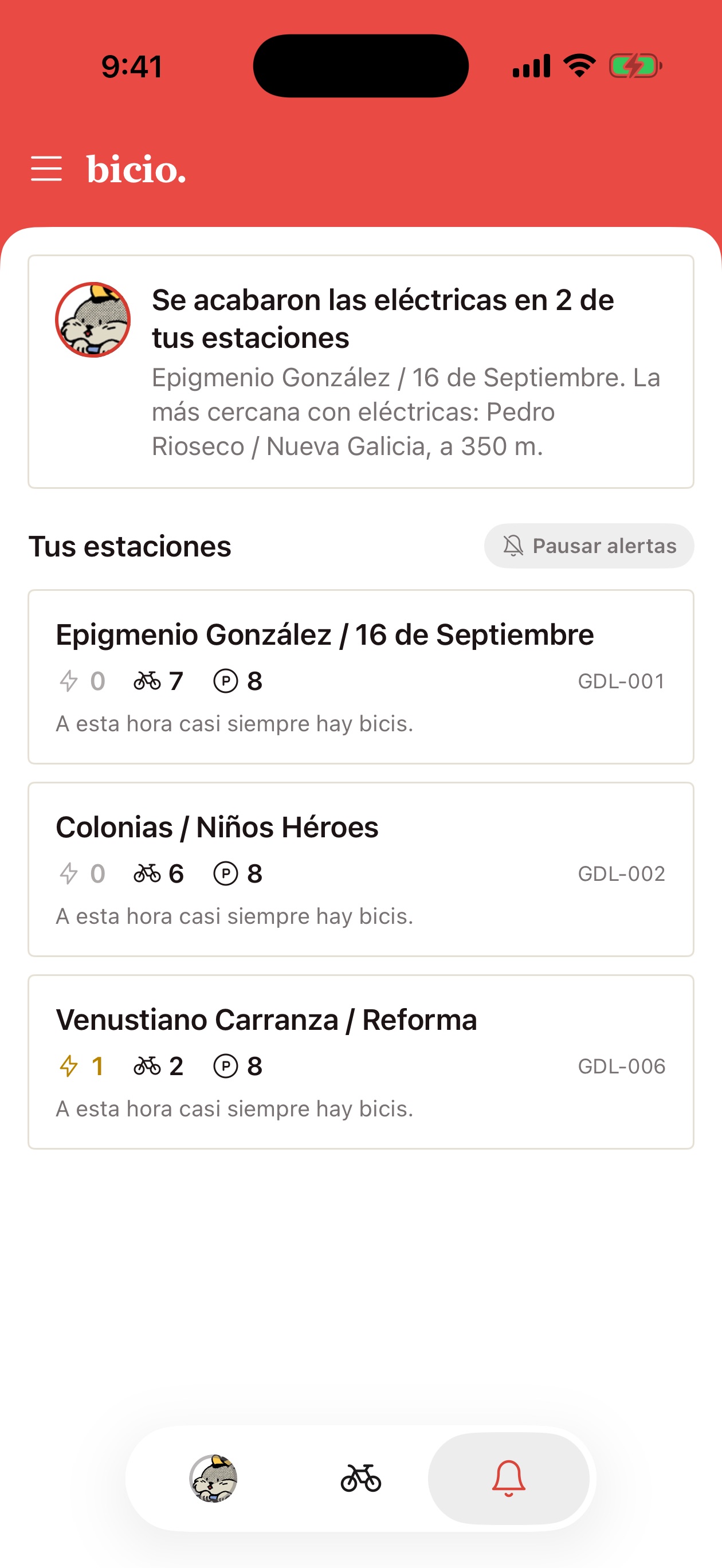 Tus estaciones en bicio., con eléctricas, bicis y puertos de cada una